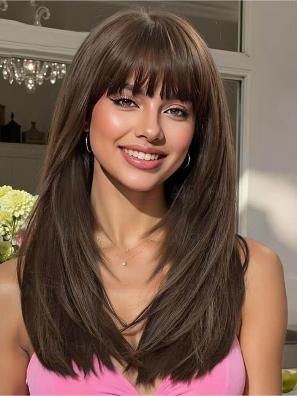 Women's Brown Heat Resistant Middle Length Natural Layered Straight Wig
